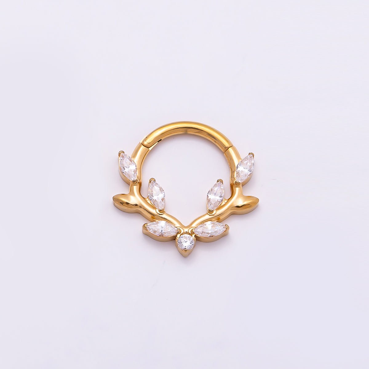 Titanium 13mm Clear CZ Marquise Leaf Single Septum Cartilage Piercing Clicker in Gold & Silver | Findings-00319 Findings-00320 - DLUXCA