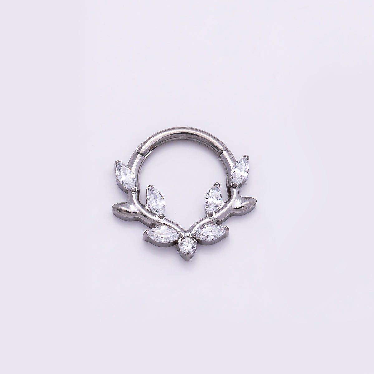 Titanium 13mm Clear CZ Marquise Leaf Single Septum Cartilage Piercing Clicker in Gold & Silver | Findings-00319 Findings-00320 - DLUXCA