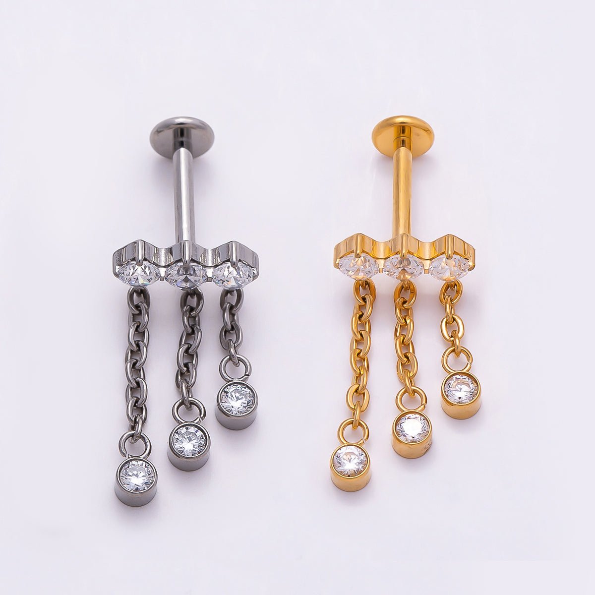 Titanium 18.5mm Triple Clear CZ Round Drop Cartilage Piercing Flat Back Stud in Gold & Silver | Findings-00371 Findings-00372 - DLUXCA