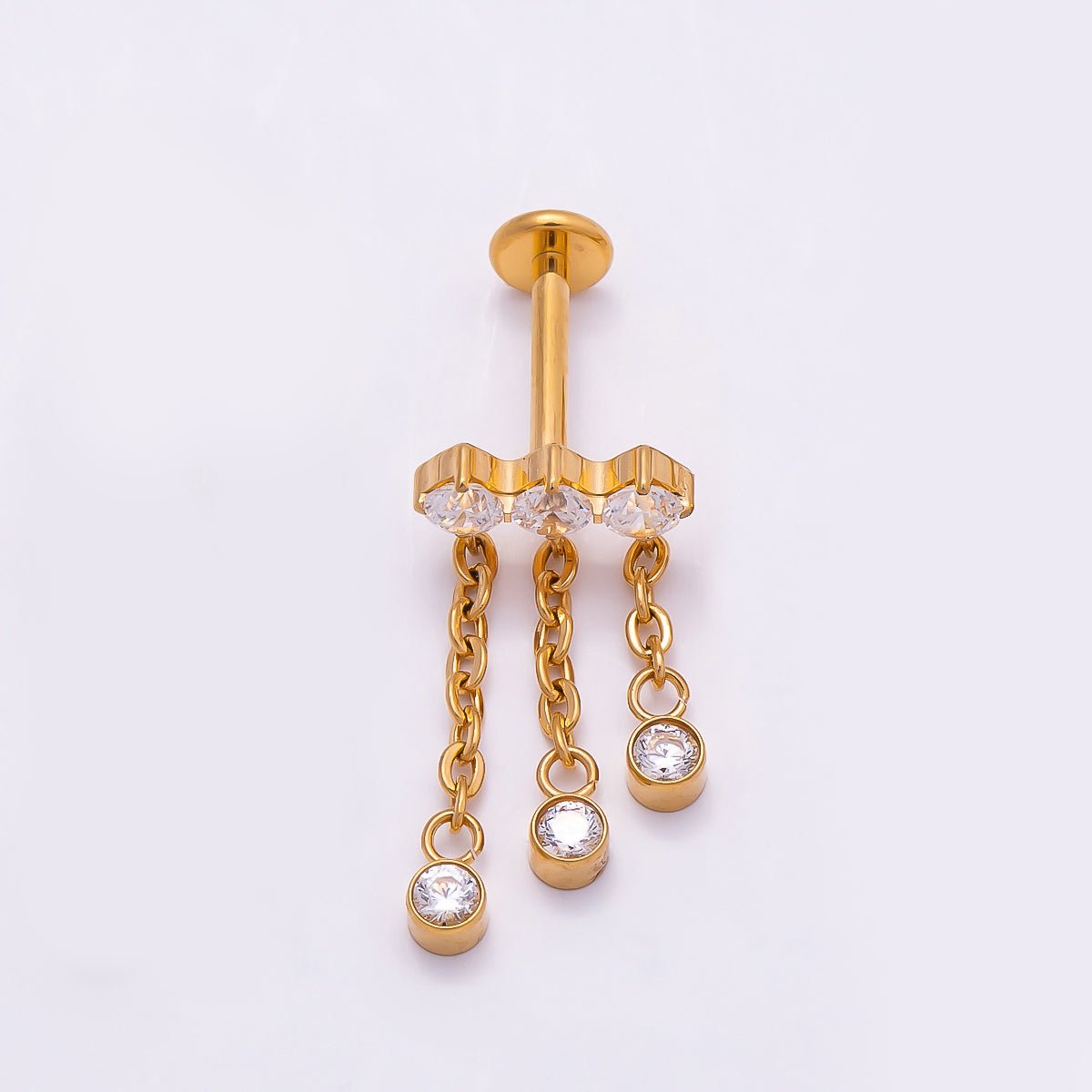 Titanium 18.5mm Triple Clear CZ Round Drop Cartilage Piercing Flat Back Stud in Gold & Silver | Findings-00371 Findings-00372 - DLUXCA
