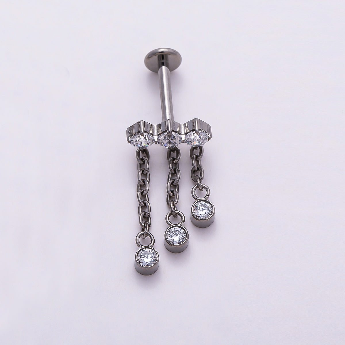 Titanium 18.5mm Triple Clear CZ Round Drop Cartilage Piercing Flat Back Stud in Gold & Silver | Findings-00371 Findings-00372 - DLUXCA