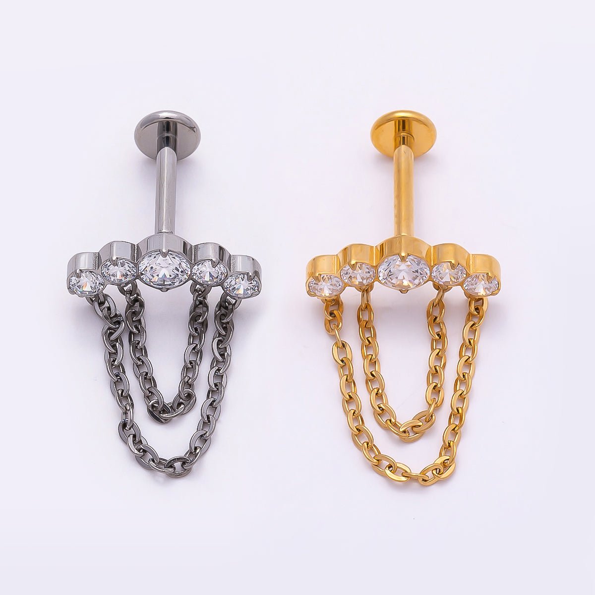Titanium 18mm Multiple Clear CZ Round Chain Drop Cartilage Piercing Flat Back Stud in Gold & Silver | Findings-00373 Findings-00374 - DLUXCA