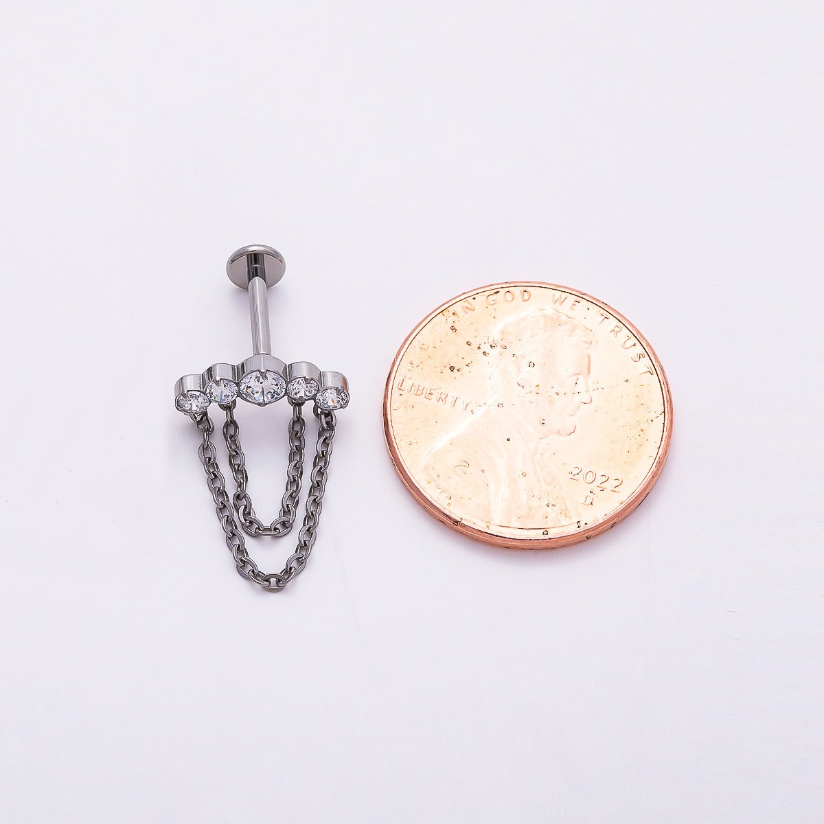 Titanium 18mm Multiple Clear CZ Round Chain Drop Cartilage Piercing Flat Back Stud in Gold & Silver | Findings-00373 Findings-00374 - DLUXCA