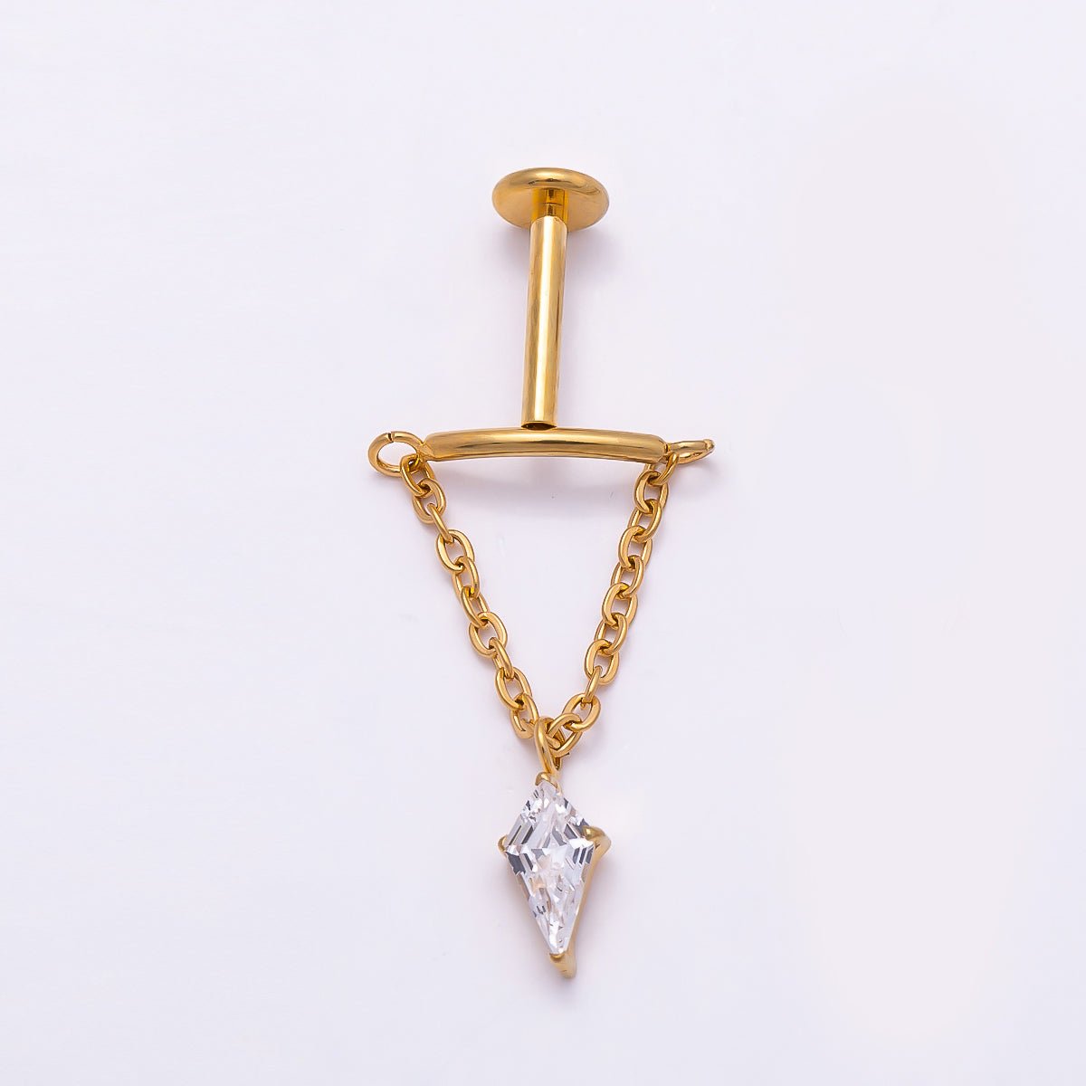 Titanium 20mm Clear CZ Kite Curved Chain Drop Cartilage Piercing Flat Back Stud in Gold & Silver | Findings-00329 Findings-00330 - DLUXCA