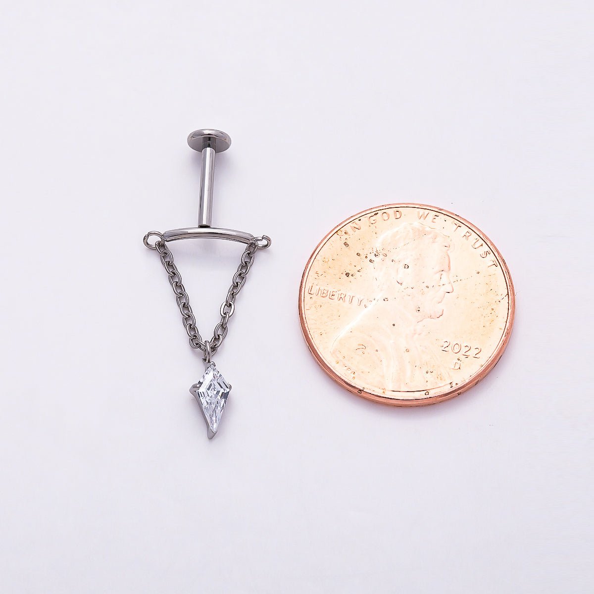 Titanium 20mm Clear CZ Kite Curved Chain Drop Cartilage Piercing Flat Back Stud in Gold & Silver | Findings-00329 Findings-00330 - DLUXCA