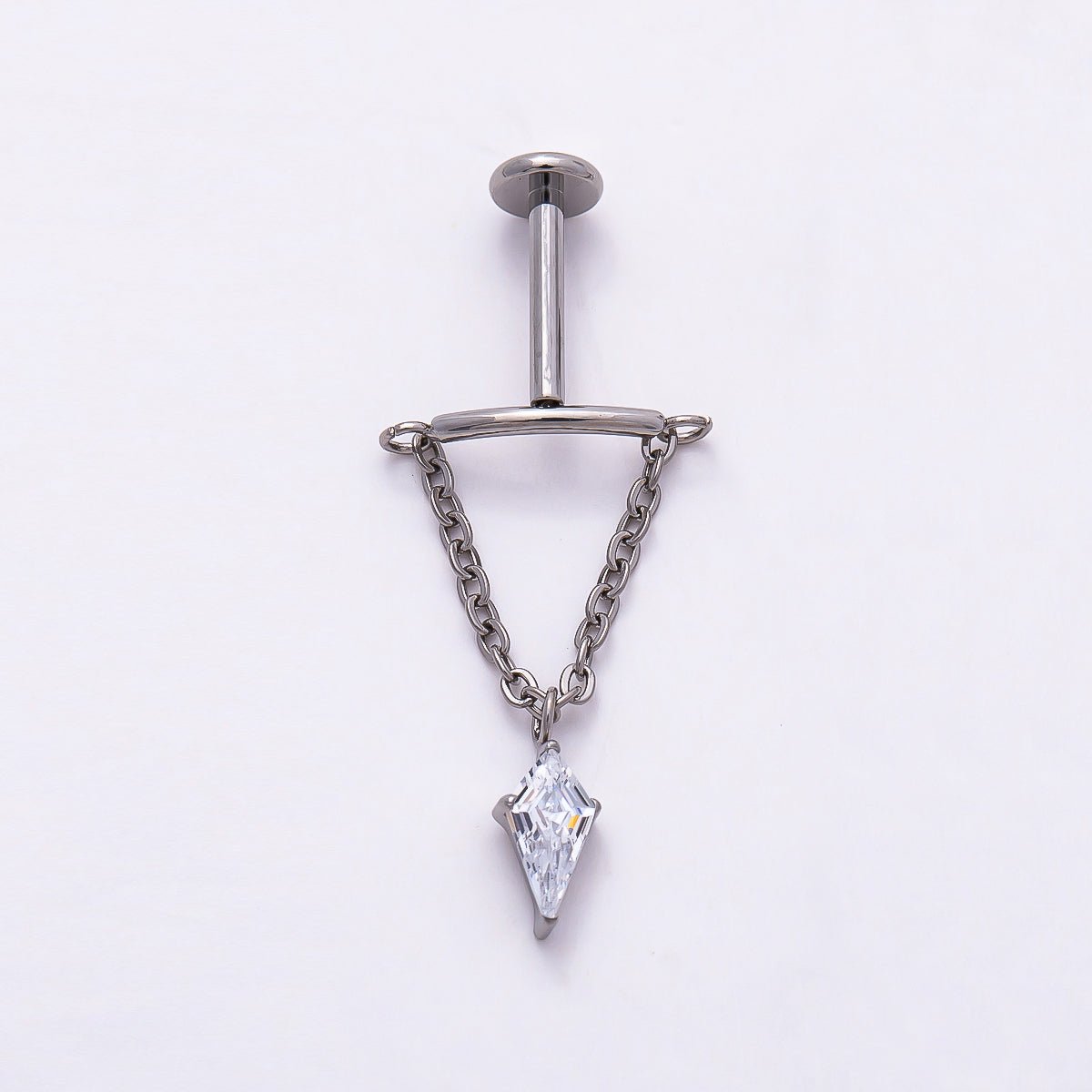 Titanium 20mm Clear CZ Kite Curved Chain Drop Cartilage Piercing Flat Back Stud in Gold & Silver | Findings-00329 Findings-00330 - DLUXCA