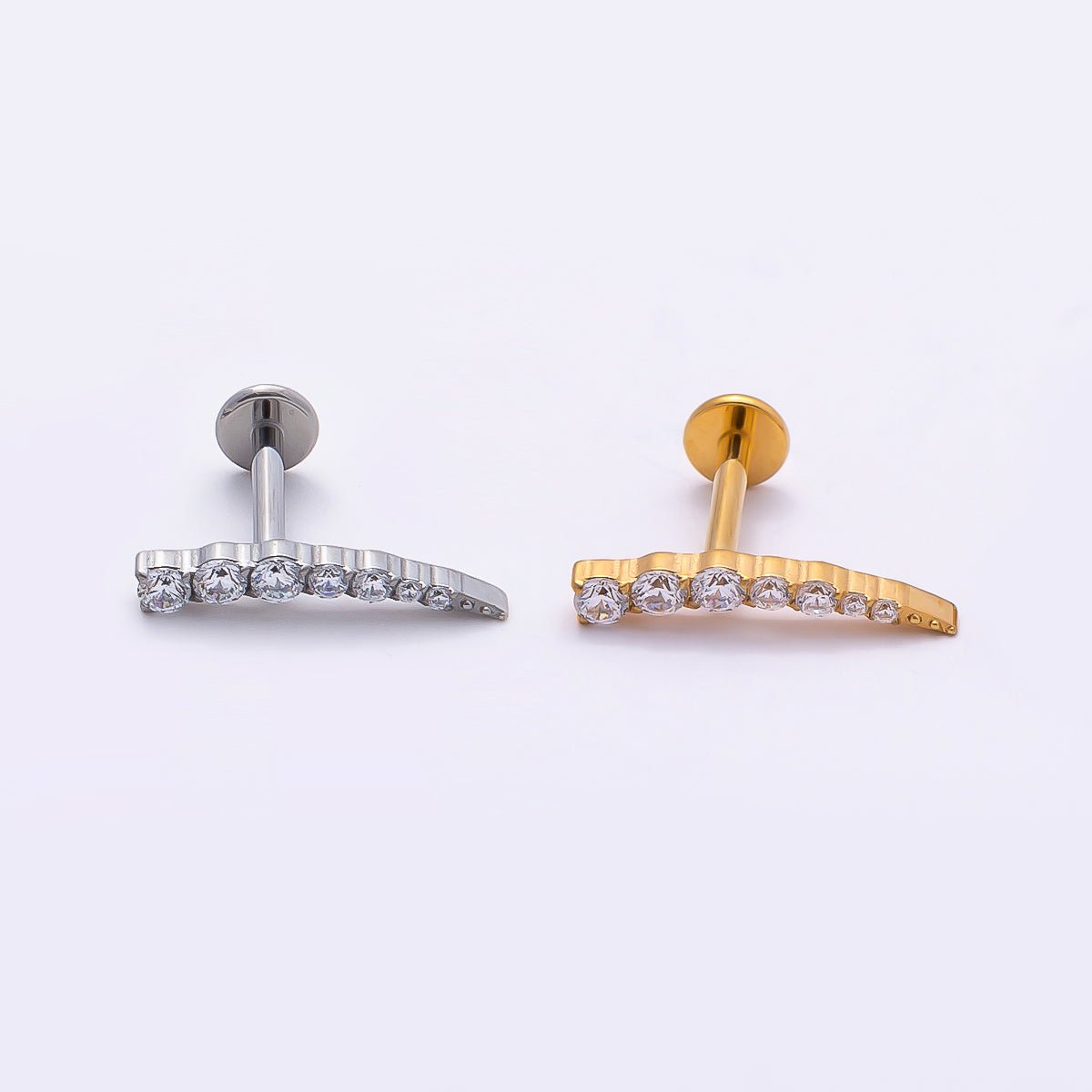 Titanium 2.5mm Clear CZ Curved Cartilage Piercing Flat Back Stud in Gold & Silver | Findings-00377 Findings-00378 - DLUXCA