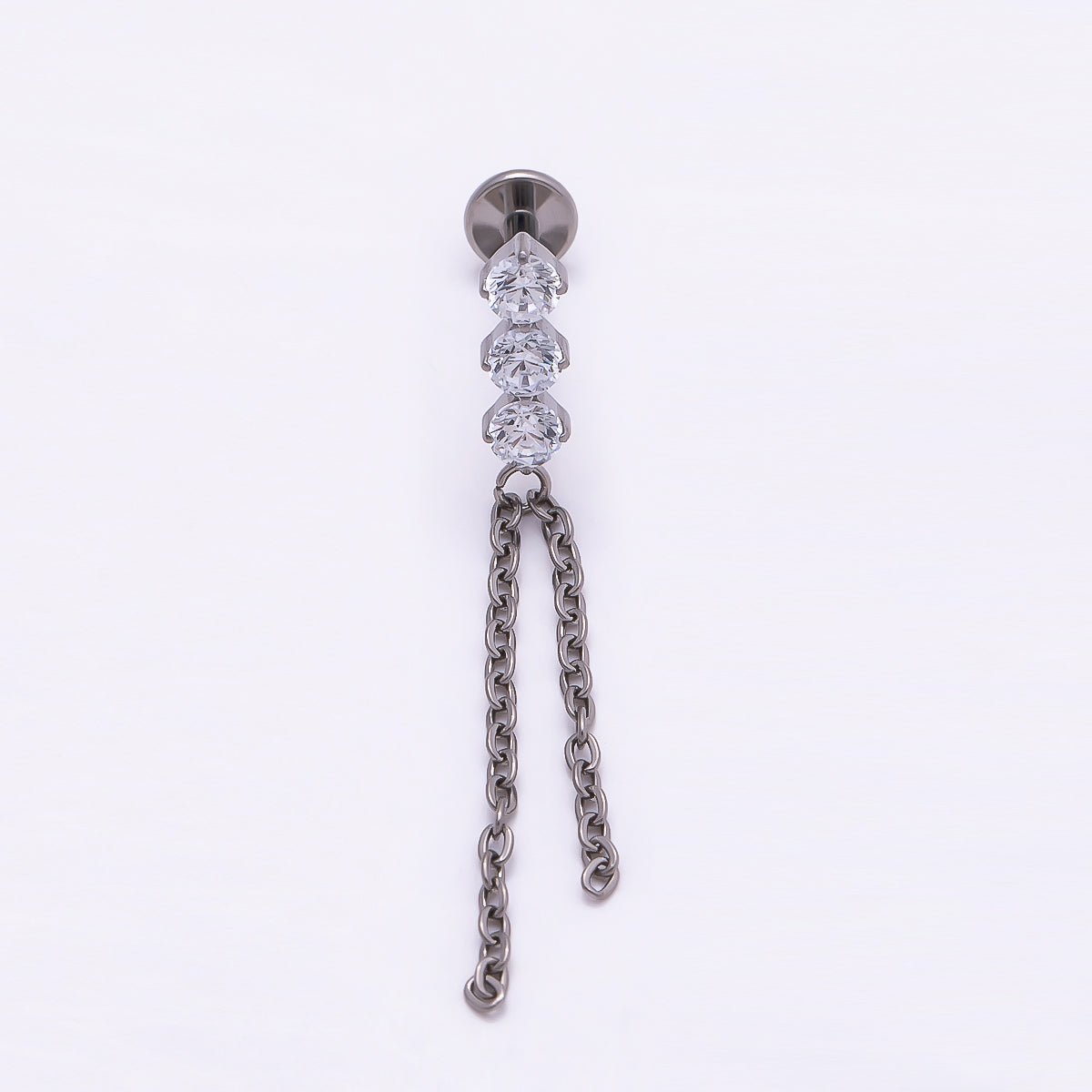Titanium 31.5mm Triple CZ Chain Drop Cartilage Piercing Flat Back Stud | Findings-00328 - DLUXCA