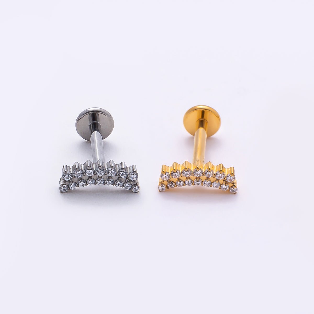 Titanium 3.5mm Clear CZ Double Curved Cartilage Piercing Flat Back Stud in Gold & Silver | Findings-00379 Findings-00380 - DLUXCA
