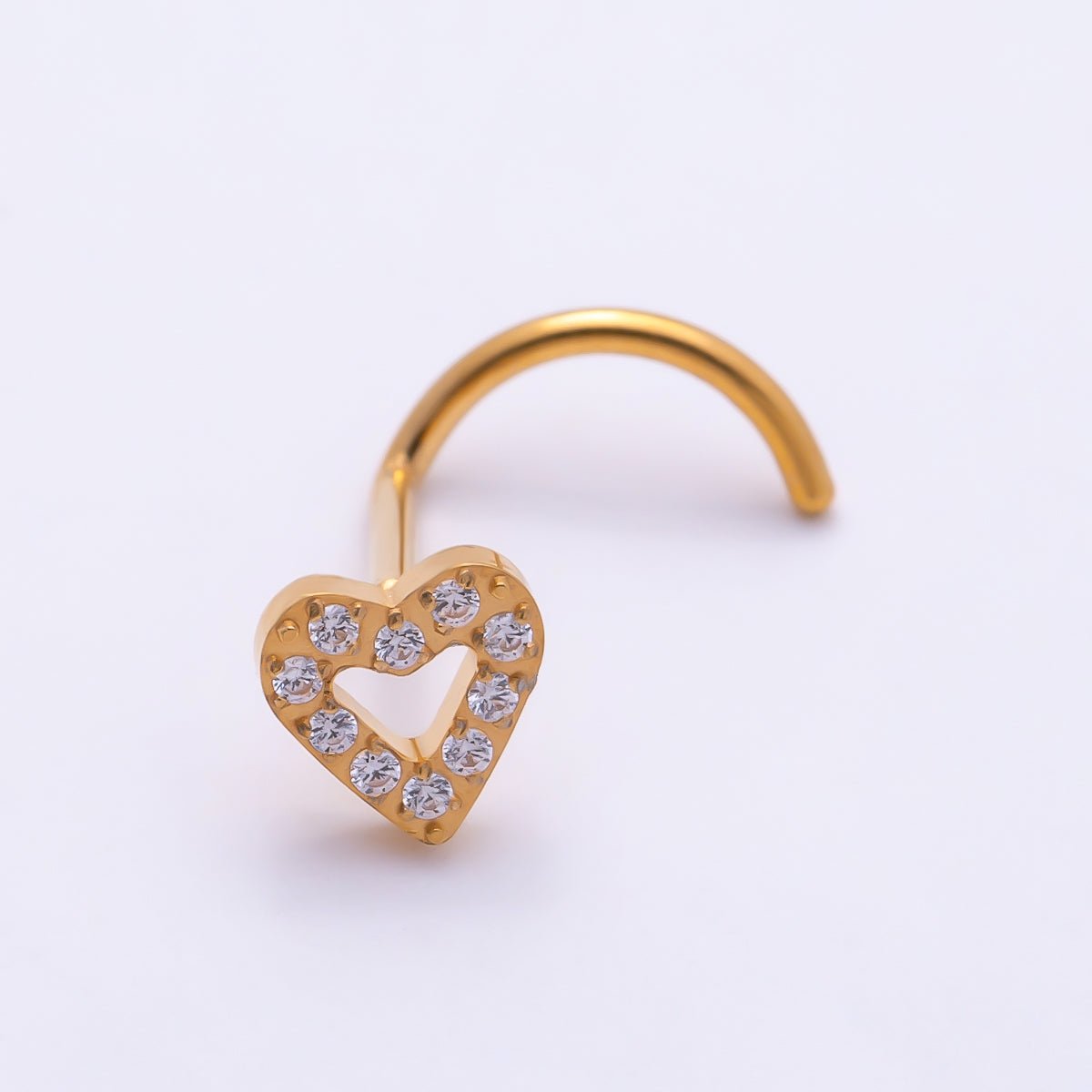 Titanium 4.5mm Open Heart Micro Paved CZ Cartilage Nose Single Piercing Stud in Gold & Silver | Findings-00446 - DLUXCA