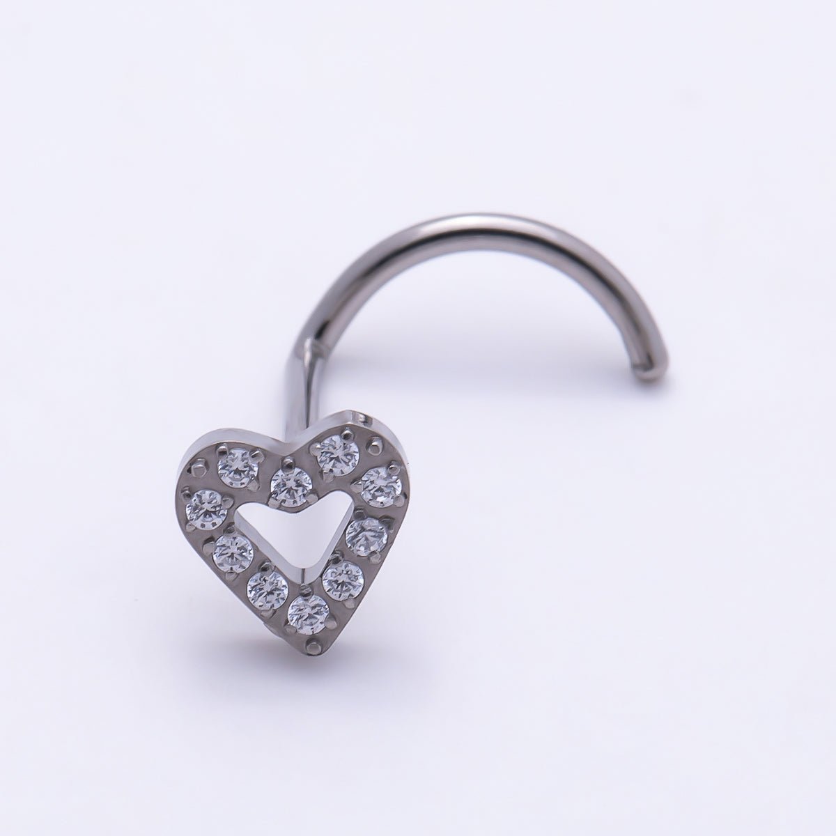 Titanium 4.5mm Open Heart Micro Paved CZ Cartilage Nose Single Piercing Stud in Gold & Silver | Findings-00446 - DLUXCA
