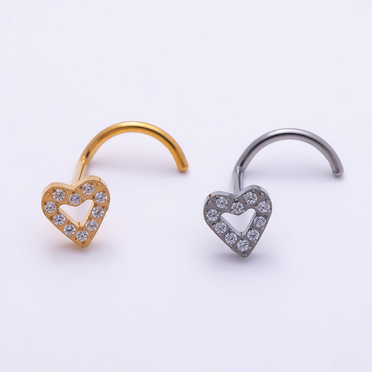 Titanium 4.5mm Open Heart Micro Paved CZ Cartilage Nose Single Piercing Stud in Gold & Silver | Findings-00446 - DLUXCA