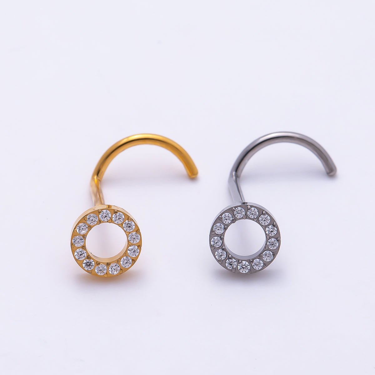 Titanium 4.5mm Open Round Micro Paved CZ Cartilage Nose Single Piercing Stud in Gold & Silver | Findings-00450 Findings-00451 - DLUXCA