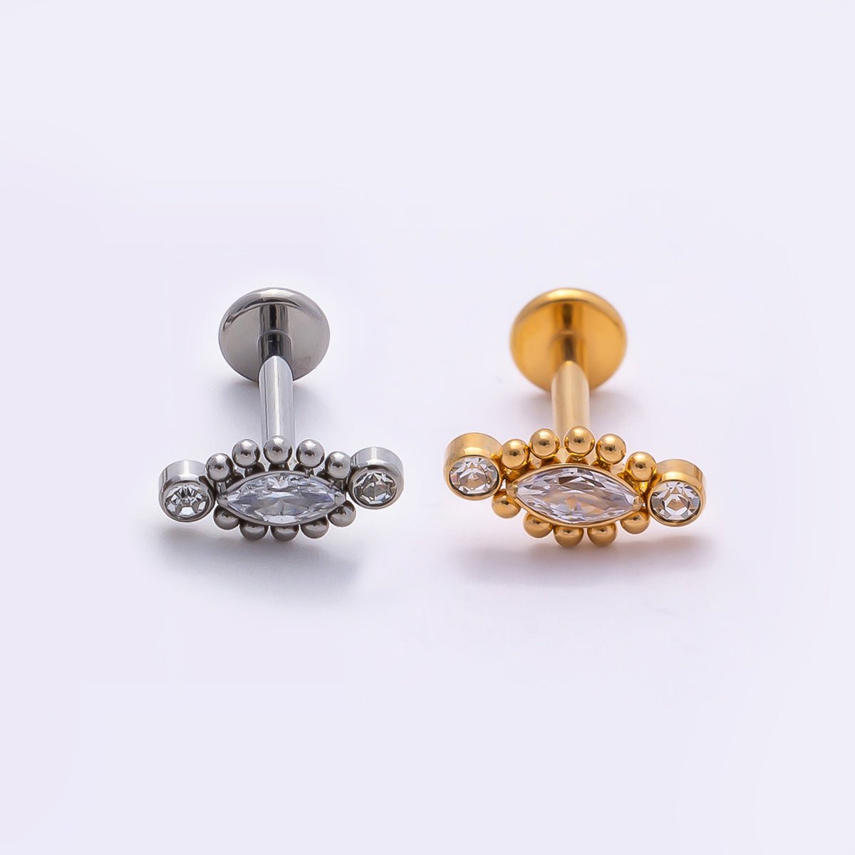 Titanium 4mm Clear CZ Marquise Bubble Cartilage Piercing Flat Back Stud in Gold & Silver | Findings-00333 Findings-00334 - DLUXCA