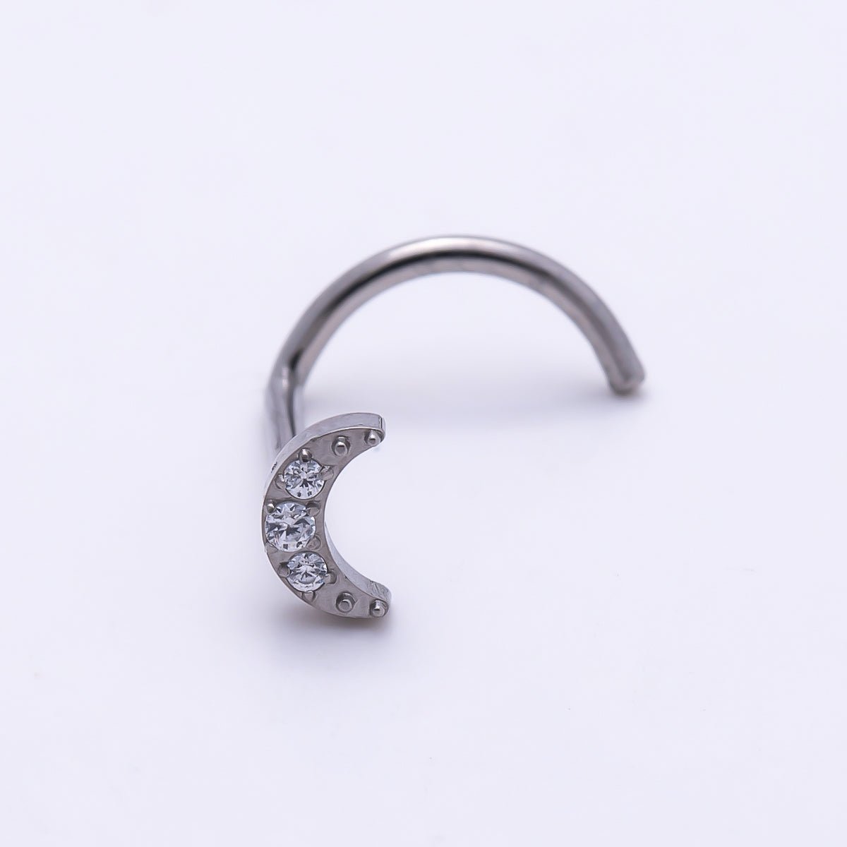 Titanium 4mm Crescent Moon Micro Paved CZ Cartilage Nose Single Piercing Stud in Gold & Silver | Findings-00444 - DLUXCA
