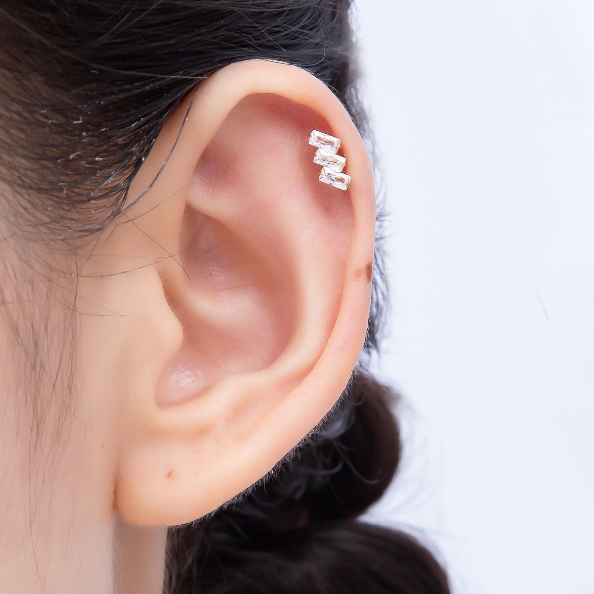 Titanium 4mm Triple Baguette CZ Cartilage Piercing Flat Back Stud in Gold & Silver | Findings-00271 Findings-00272 - DLUXCA
