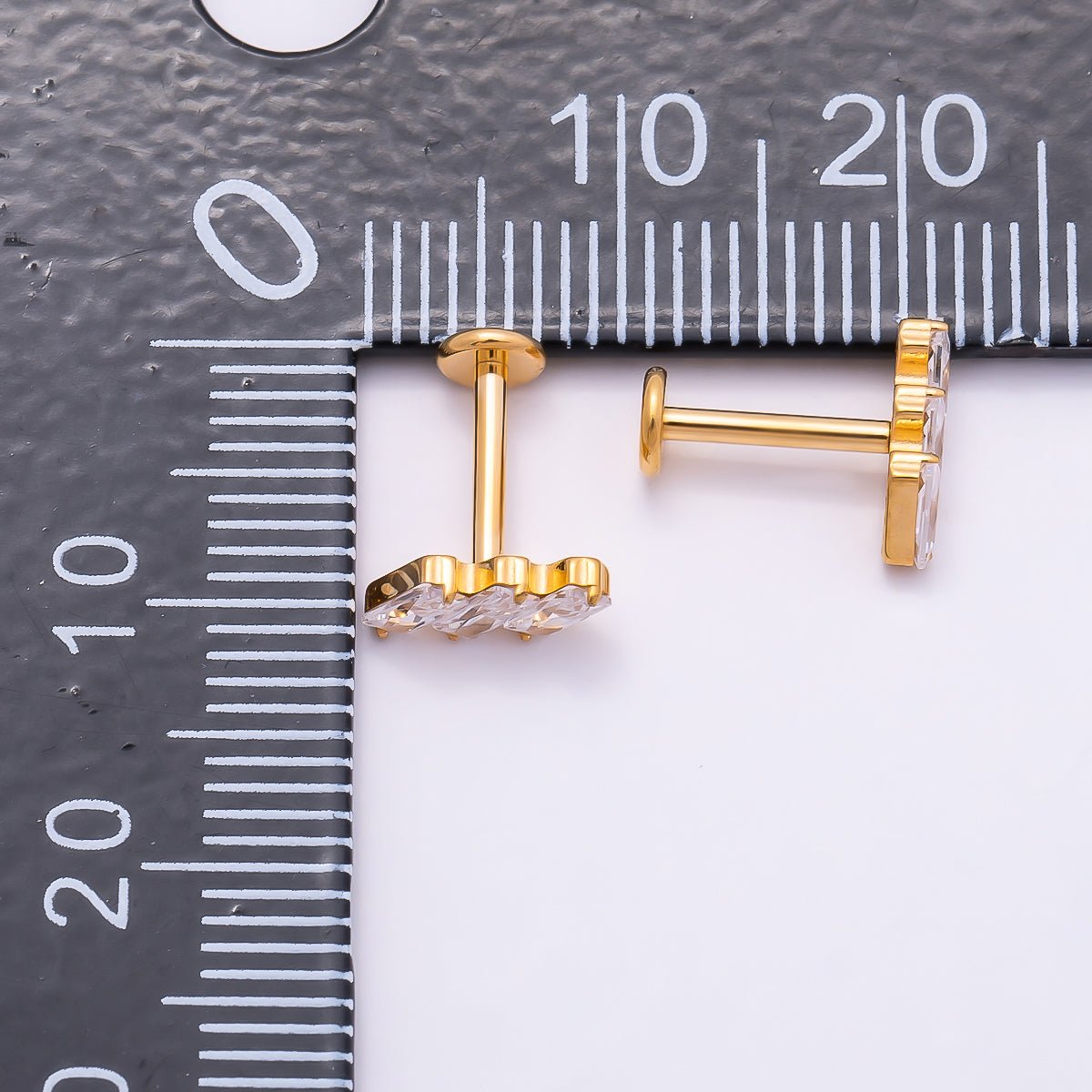 Titanium 4mm Triple Baguette CZ Cartilage Piercing Flat Back Stud in Gold & Silver | Findings-00271 Findings-00272 - DLUXCA
