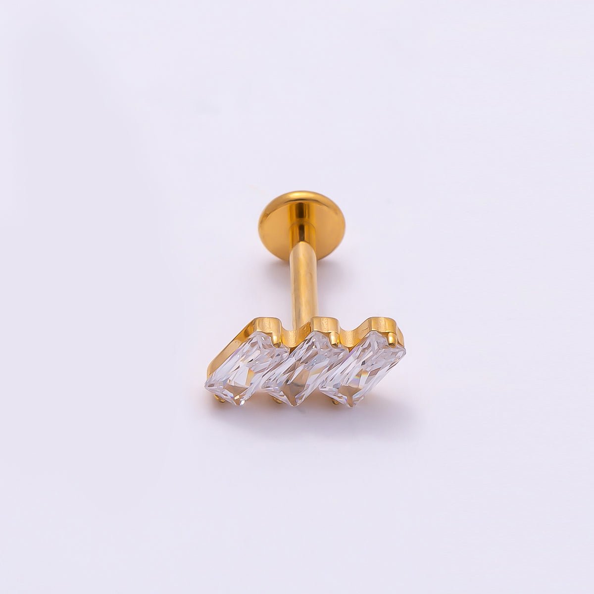 Titanium 4mm Triple Baguette CZ Cartilage Piercing Flat Back Stud in Gold & Silver | Findings-00271 Findings-00272 - DLUXCA