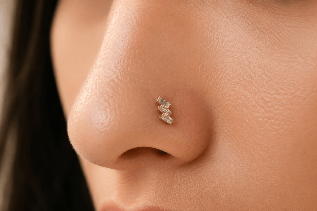 Titanium 4mm Triple Baguette CZ Cartilage Piercing Flat Back Stud in Gold & Silver | Findings-00271 Findings-00272 - DLUXCA