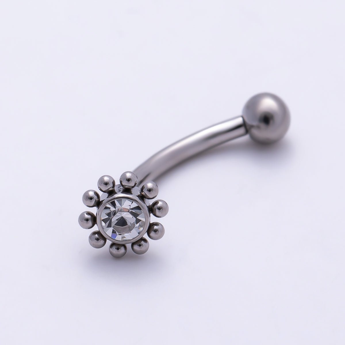 Titanium 5mm Clear CZ Flower Curved Eyebrow Barbell Piercing Stud in Gold & Silver | Findings-00460 Findings-00461 - DLUXCA