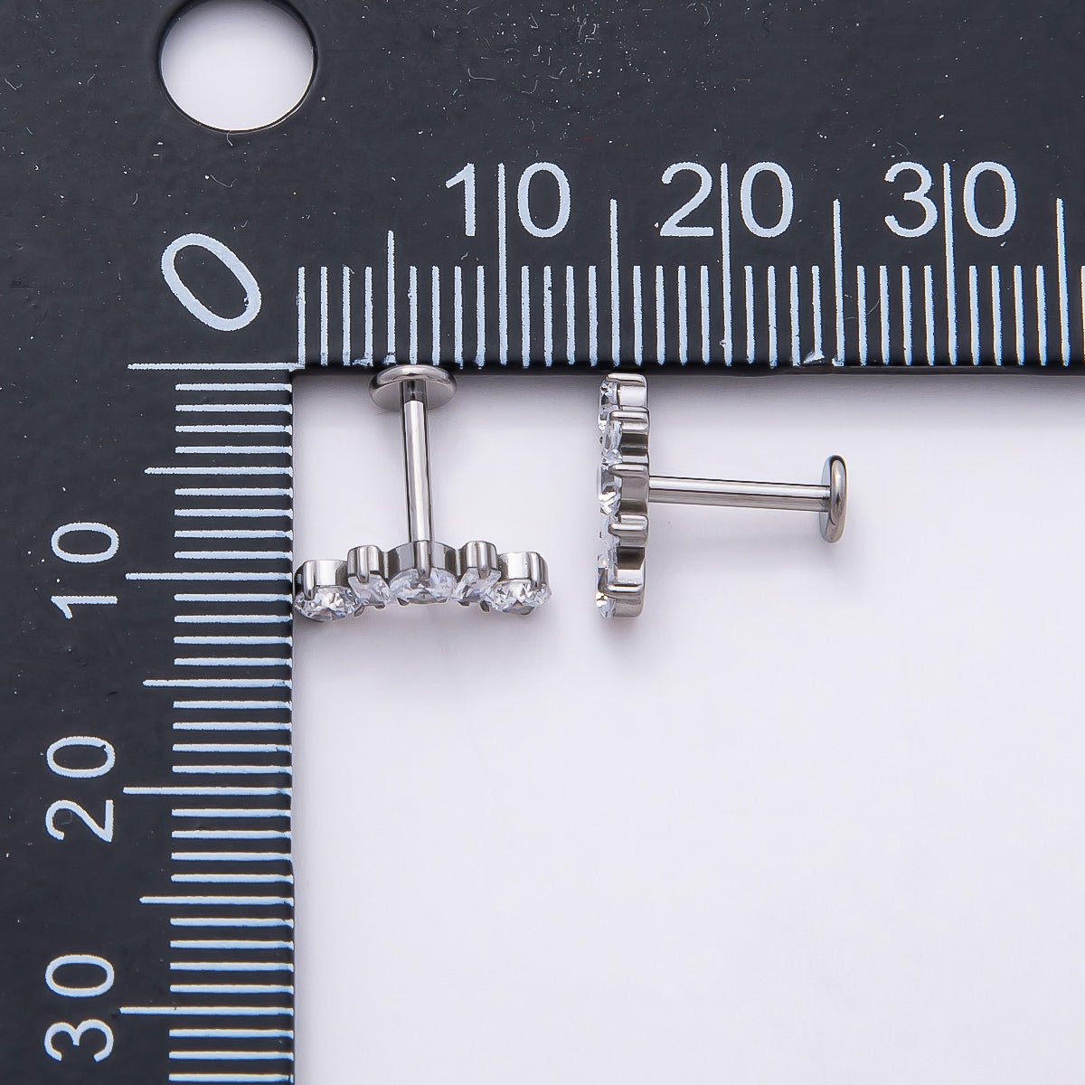 Titanium 5mm Clear CZ Round Baguette Curved Cartilage Piercing Flat Back Stud in Gold & Silver | Findings-00395 Findings-00396 - DLUXCA