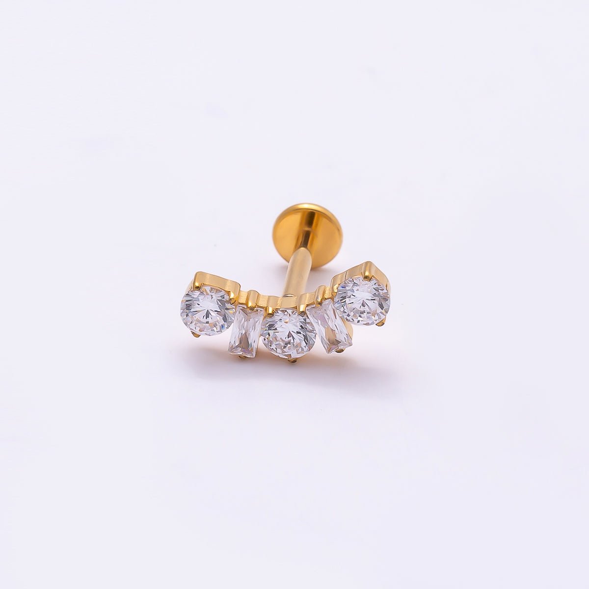 Titanium 5mm Clear CZ Round Baguette Curved Cartilage Piercing Flat Back Stud in Gold & Silver | Findings-00395 Findings-00396 - DLUXCA