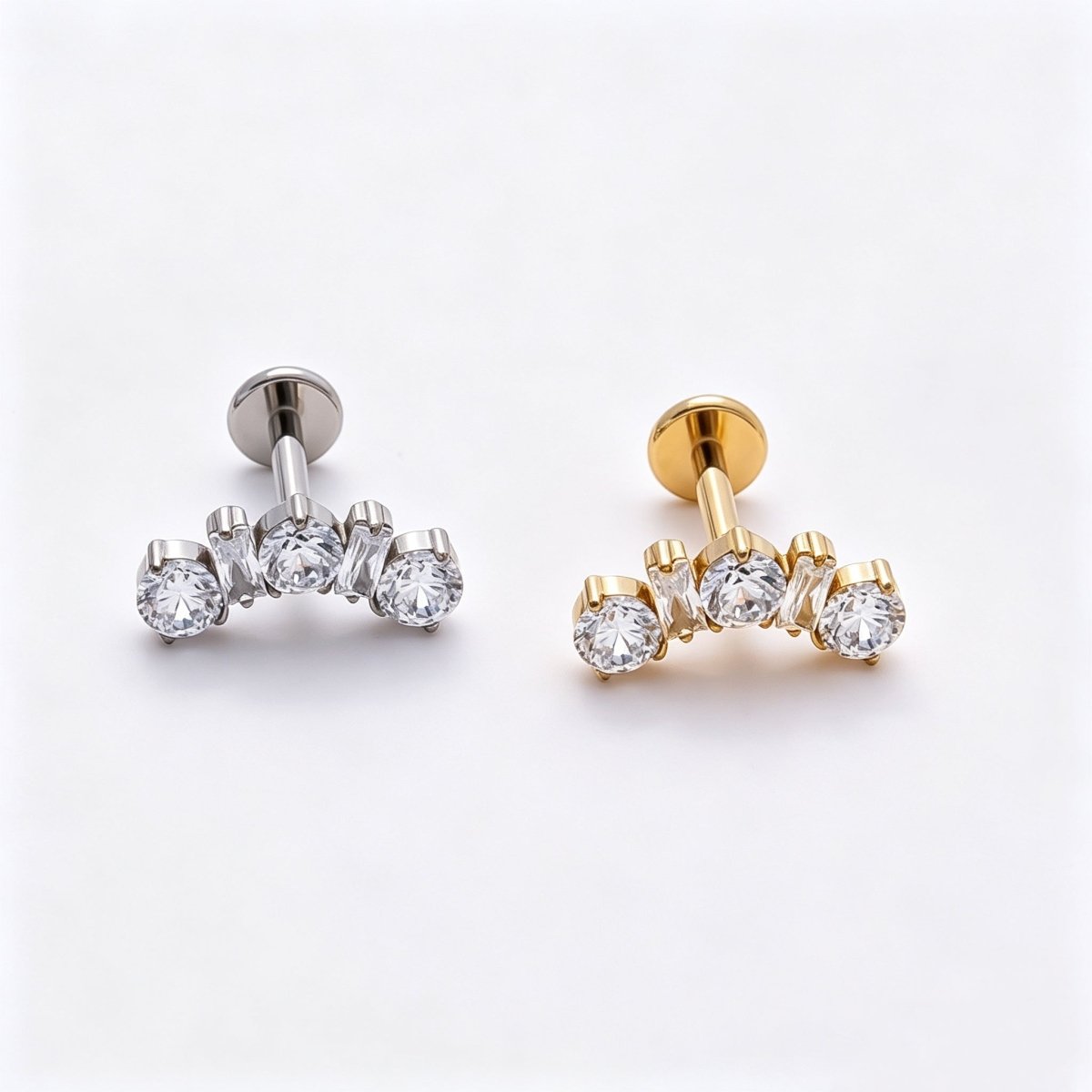 Titanium 5mm Clear CZ Round Baguette Curved Cartilage Piercing Flat Back Stud in Gold & Silver | Findings-00395 Findings-00396 - DLUXCA
