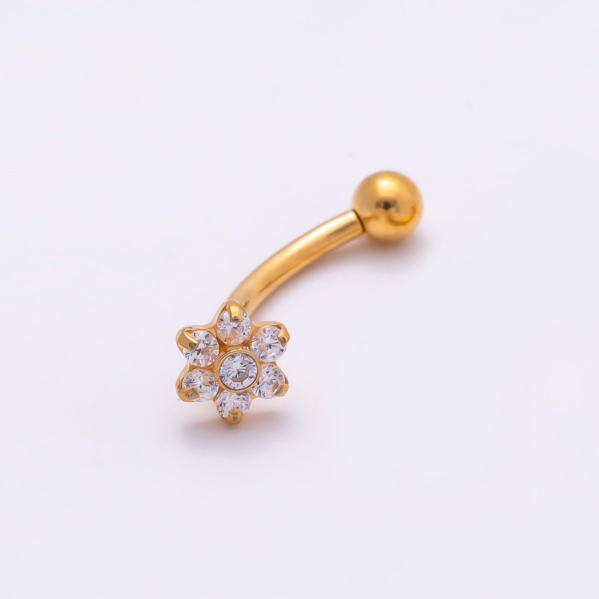 Titanium 5mm Flower Clear CZ Curved Eyebrow Barbell Piercing Stud in Gold & Silver | Findings-00341 Findings-00342 - DLUXCA