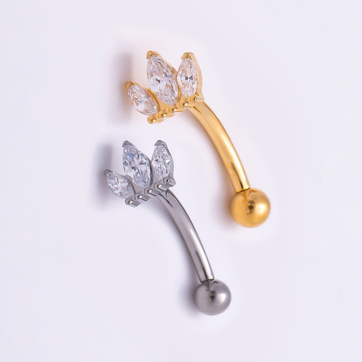 Titanium 5mm Triple Marquise CZ Curved Eyebrow Barbell Piercing Stud in Gold & Silver | Findings-00337 - DLUXCA