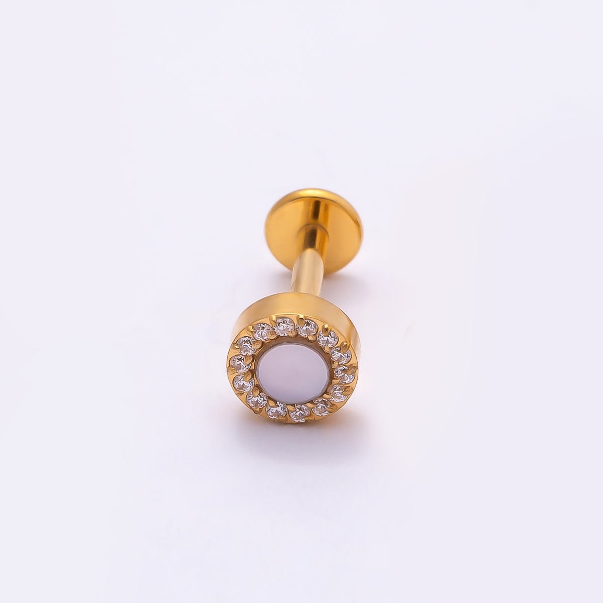Titanium 5mm White Opal Micro Paved CZ Round Cartilage Piercing Flat Back Stud in Gold & Silver | Findings-00381 Findings-00382 - DLUXCA