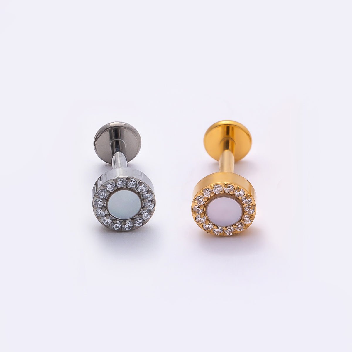 Titanium 5mm White Opal Micro Paved CZ Round Cartilage Piercing Flat Back Stud in Gold & Silver | Findings-00381 Findings-00382 - DLUXCA