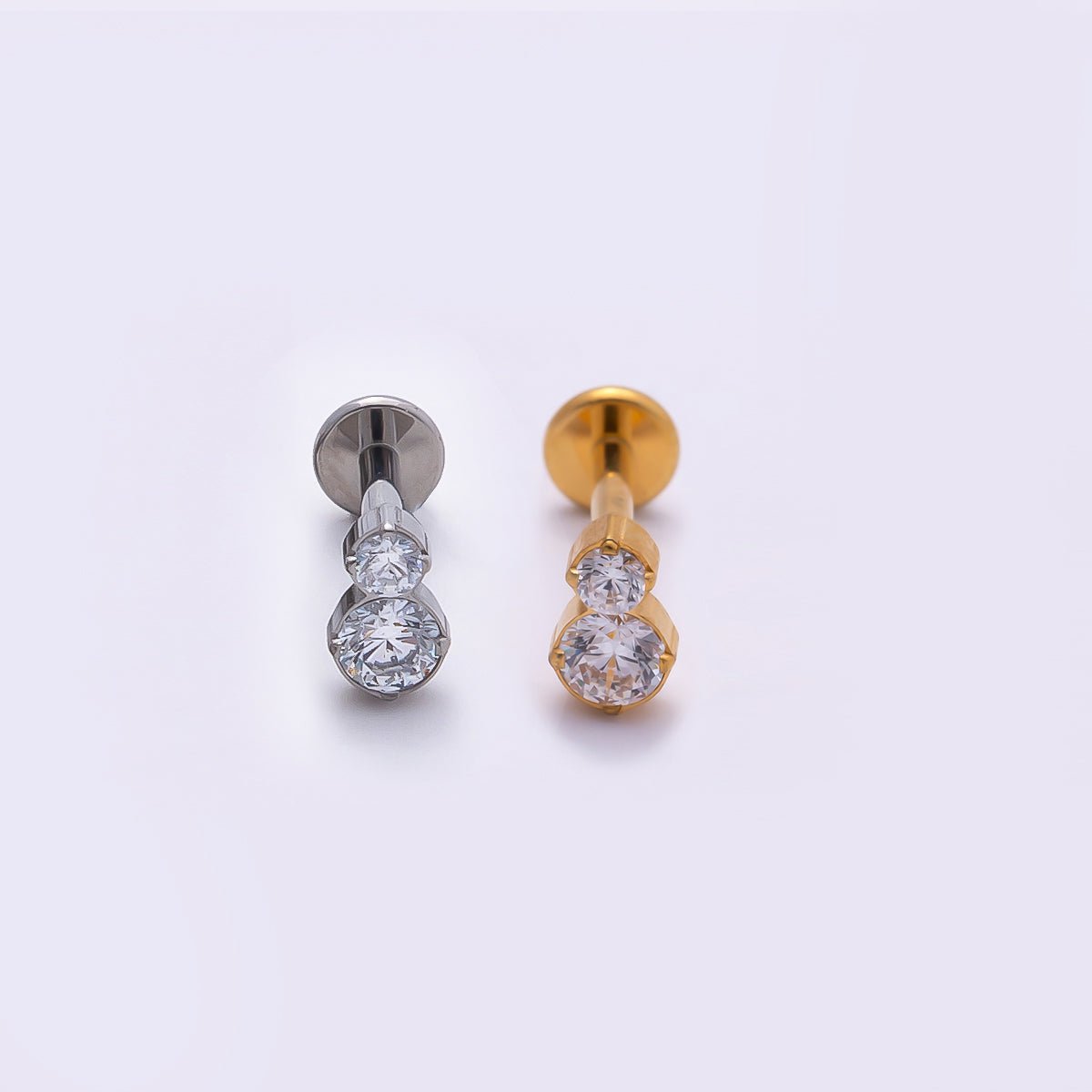 Titanium 6mm Clear CZ Double Round Cartilage Piercing Flat Back Stud in Gold & Silver | Findings-00315 Findings-00316 - DLUXCA