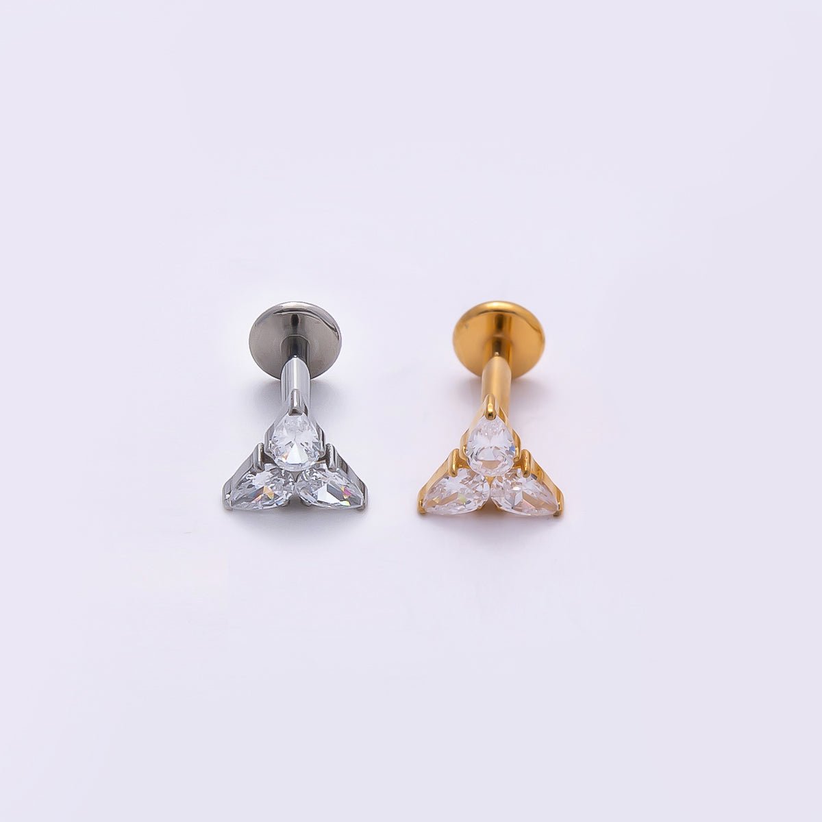 Titanium 6mm CZ Teardrop Flower Cartilage Piercing Flat Back Stud in Gold & Silver | Findings-00393 Findings-00394 - DLUXCA
