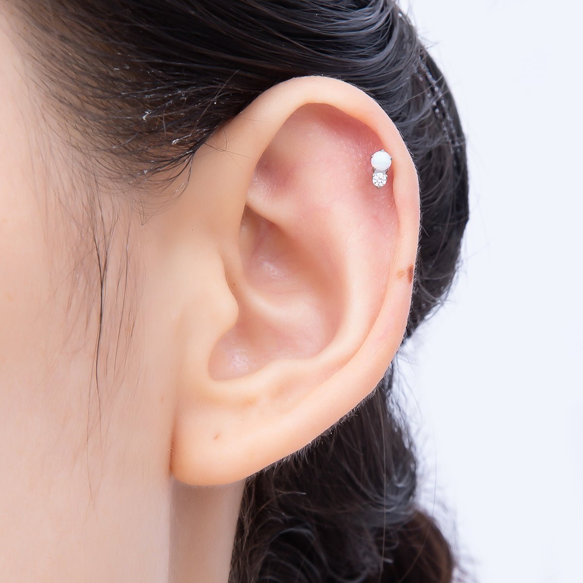 Titanium 6mm White Opal Clear CZ Single Cartilage Piercing Flat Back Stud in Gold & Silver | Findings-00232 Findings-00233 - DLUXCA
