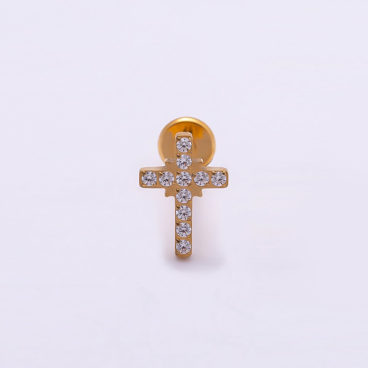 Titanium 8mm Micro Paved CZ Cross Cartilage Piercing Flat Back Stud in Gold & Silver | Findings-00397 Findings-00398 - DLUXCA