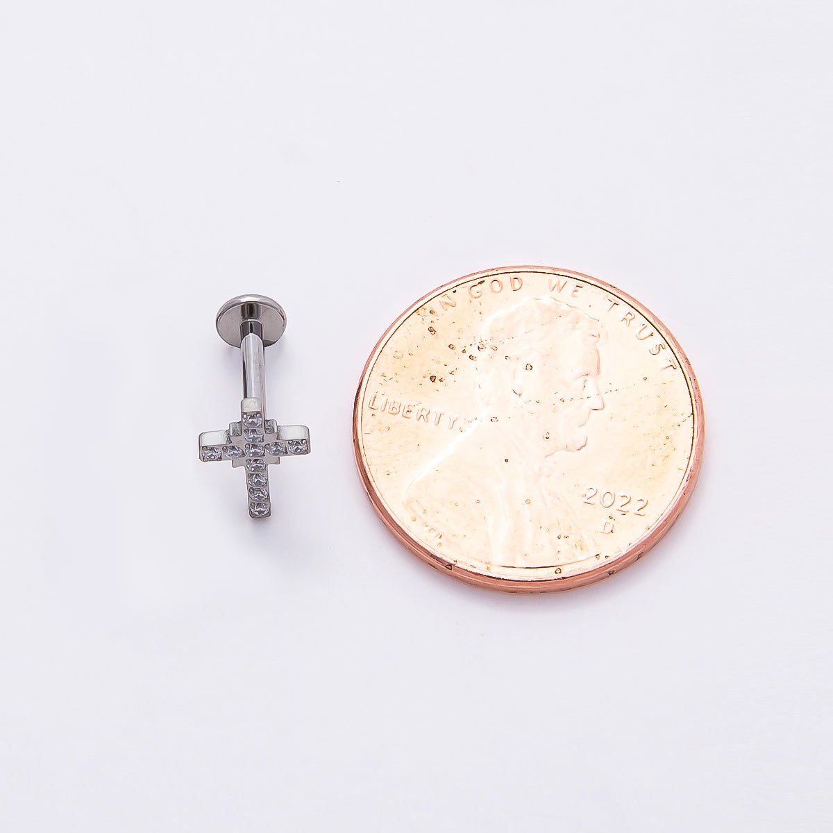 Titanium 8mm Micro Paved CZ Cross Cartilage Piercing Flat Back Stud in Gold & Silver | Findings-00397 Findings-00398 - DLUXCA