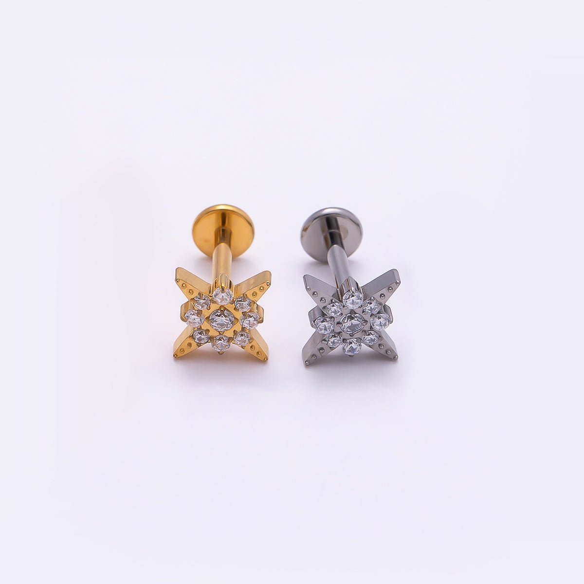Titanium 8mm Star Micro Paved CZ Cartilage Piercing Flat Back Stud in Gold & Silver | Findings-00269 Findings-00270 - DLUXCA