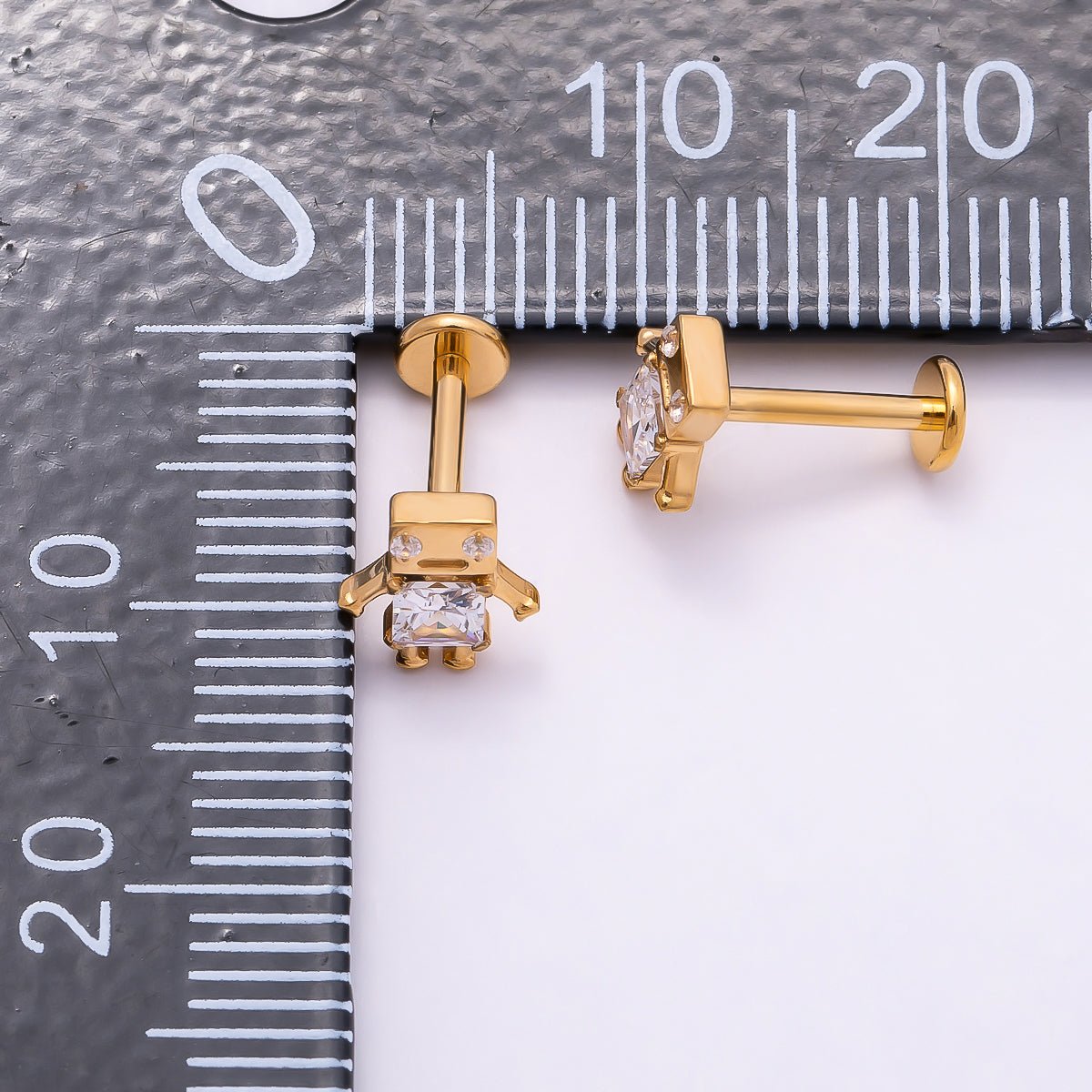 Titanium Clear CZ Robot Cartilage Piercing Flat Back Stud in Gold & Silver | Findings-00275 Findings-00276 - DLUXCA