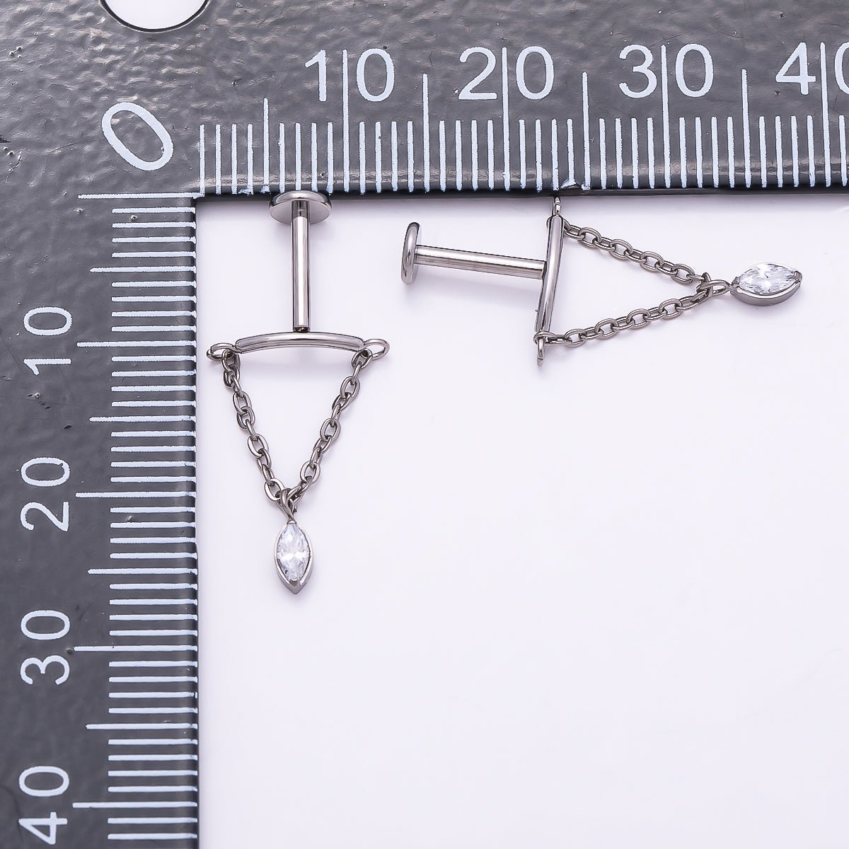Titanium Marquise CZ Curved Chain Drop Cartilage Piercing Flat Back Stud | Findings-00268 - DLUXCA