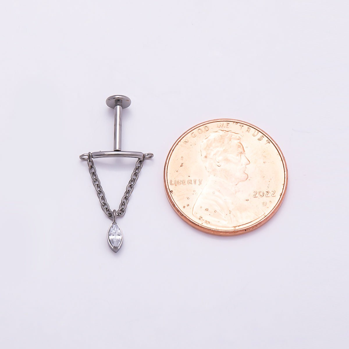 Titanium Marquise CZ Curved Chain Drop Cartilage Piercing Flat Back Stud | Findings-00268 - DLUXCA