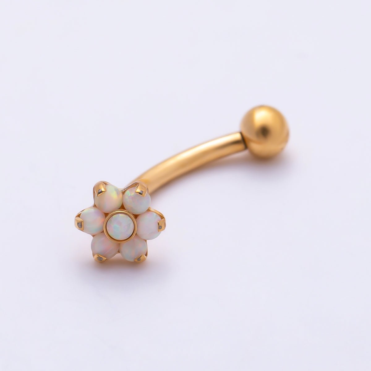 Titanium White Opal Flower Curved Eyebrow Barbell Piercing Stud in Gold & Silver | Findings-00458 - DLUXCA