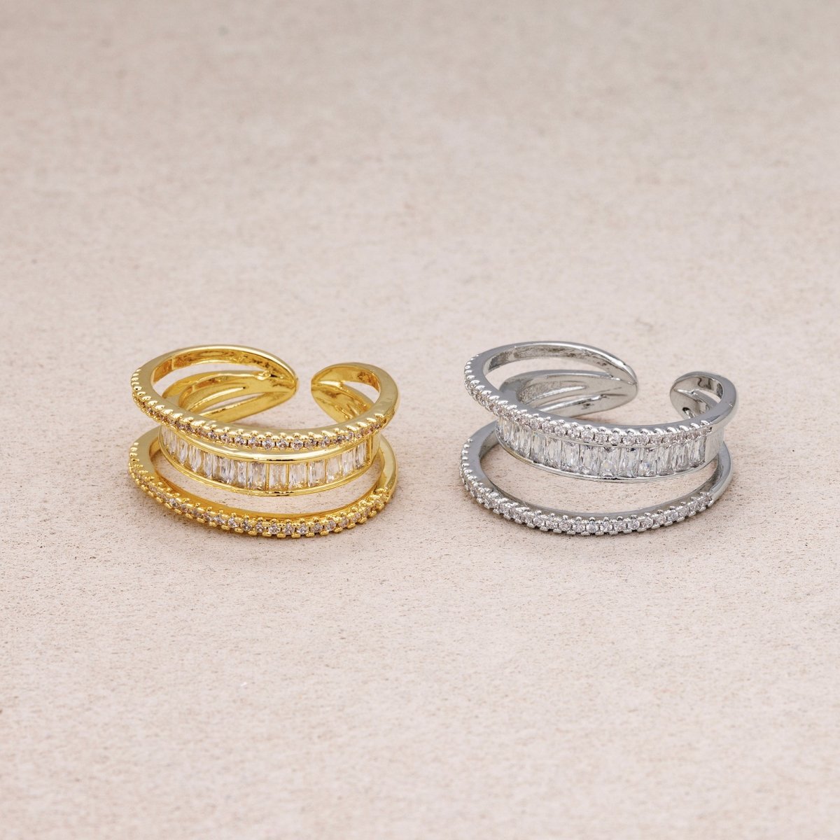 Triple Banded CZ Baguette Micro Pave Adjustable Rings - 240 Rings - 241 - DLUXCA