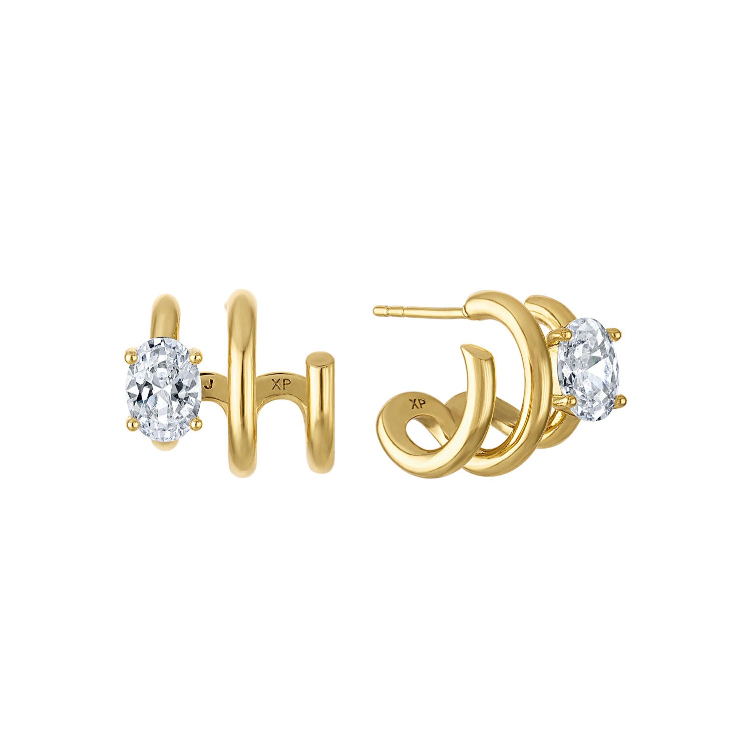 14K Gold Filled Oval CZ Triple Bar Claw C-Shaped Cartilage Hoop Earrings | AB990