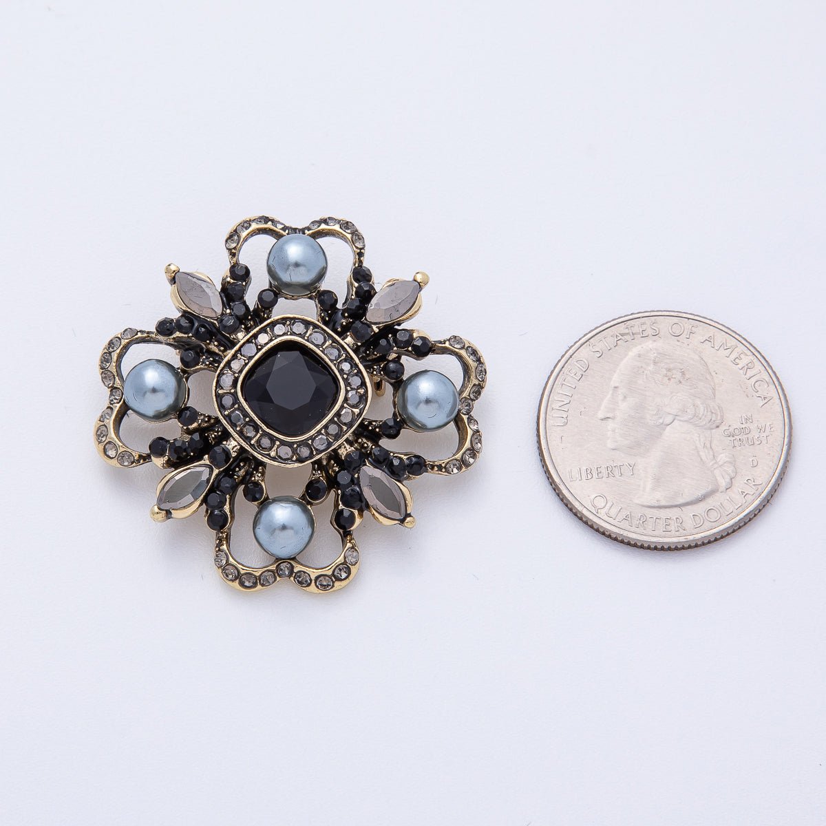 Vintage Antique Gold Flower Blue Black Gray Crystal Brooch Pin | BH - 006 - DLUXCA