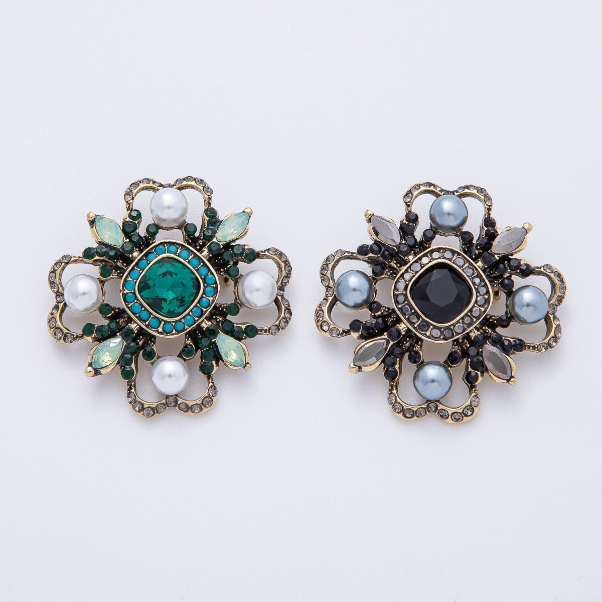 Vintage Antique Gold Flower Blue Black Gray Crystal Brooch Pin | BH - 006 - DLUXCA