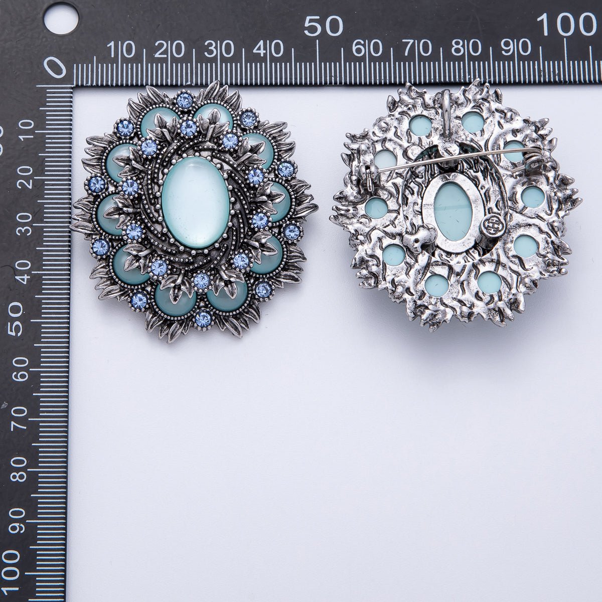 Vintage Antique Silver Flower Brooch Aqua Blue Turquoise Crystal Pin | BH - 002 - DLUXCA