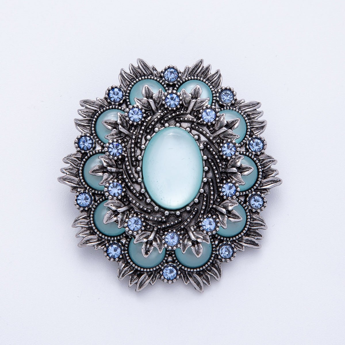 Vintage Antique Silver Flower Brooch Aqua Blue Turquoise Crystal Pin | BH - 002 - DLUXCA