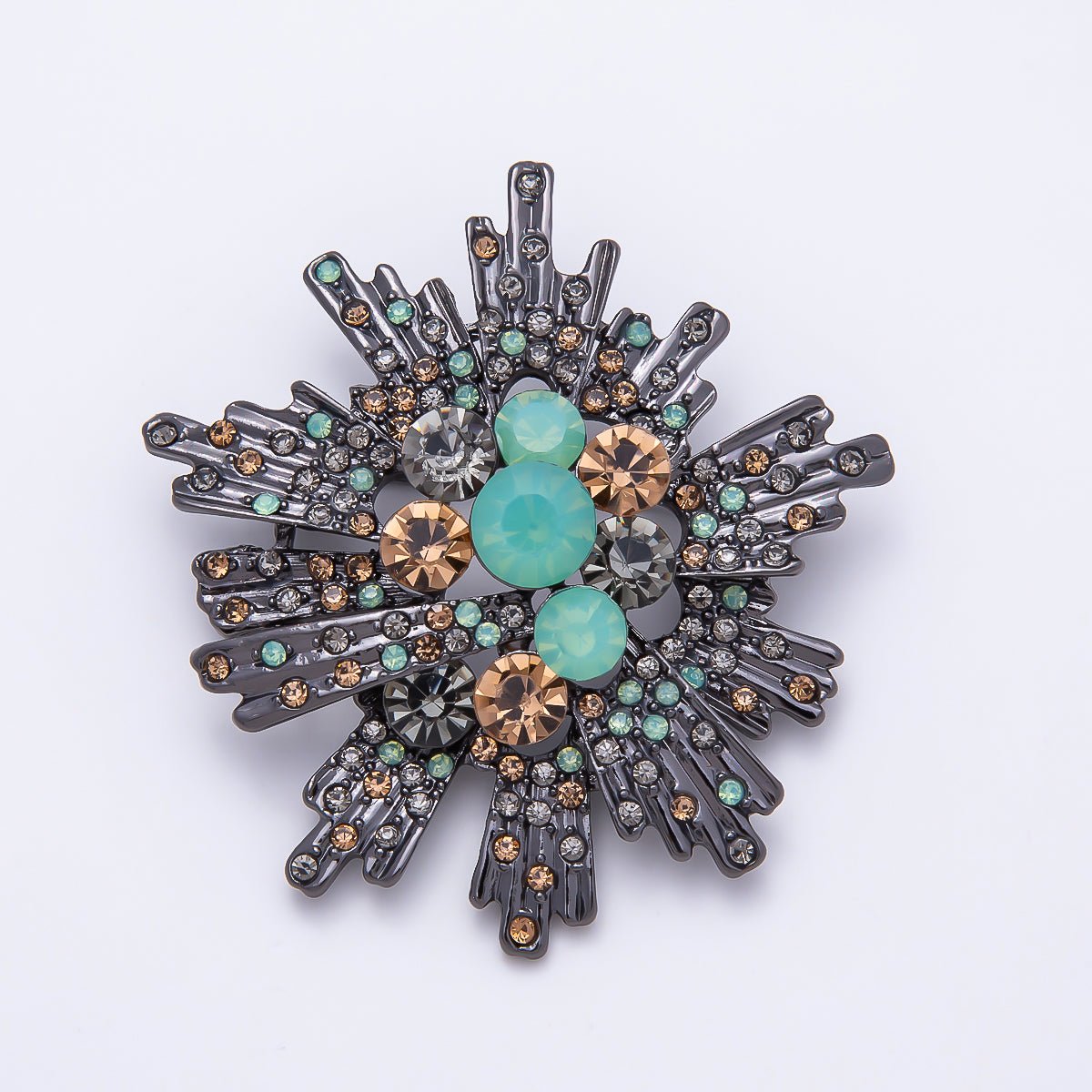 Vintage Black Gunmetal 53mm Mint Green Champagne Rhinestone Sunburst Geometric Pin Brooch | BH-00189 - DLUXCA