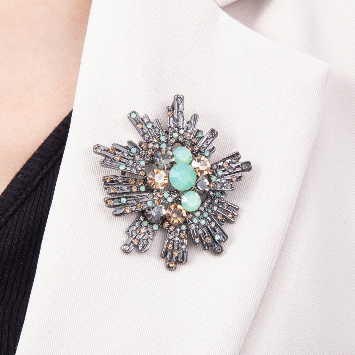 Vintage Black Gunmetal 53mm Mint Green Champagne Rhinestone Sunburst Geometric Pin Brooch | BH-00189 - DLUXCA