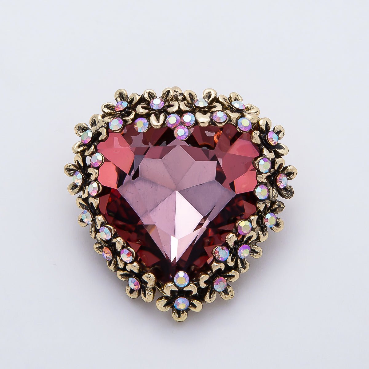 Vintage Gold 36mm Red Rhinestone Flower Heart Pin Brooch | BH - 00121 - DLUXCA